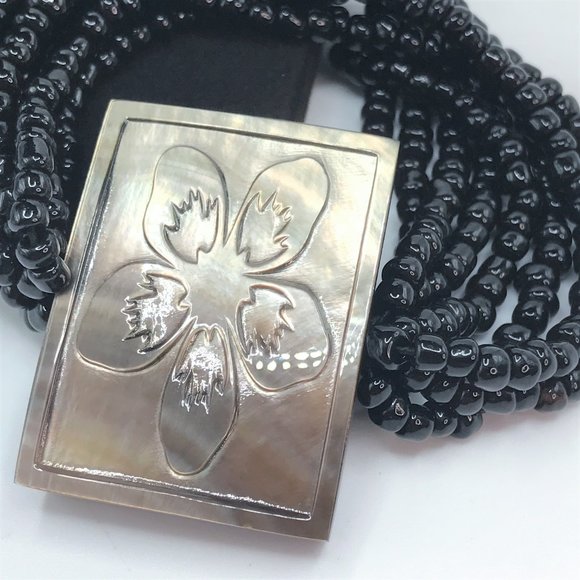 Necklace Bracelet Mother of Pearl Black Set Lot Multistrand Beaded Carved Flower - Picture 3 of 10